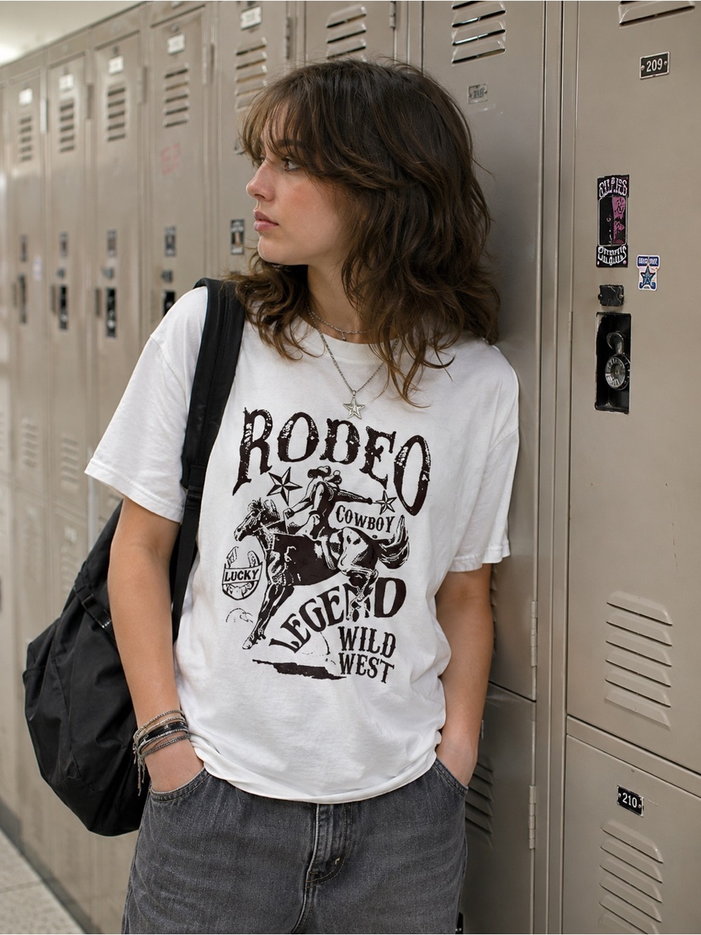 NWT White rodeo T-shirt with brown print of a cowboy‎ in a woman’s size XL.